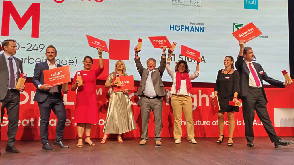 Die Preisträger*innen in der Kategorie M freuen sich sichtlich über die Auszeichnung